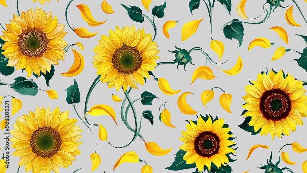 Obraz premium Yellow sunflower petals soft swirl seamless plain white background design