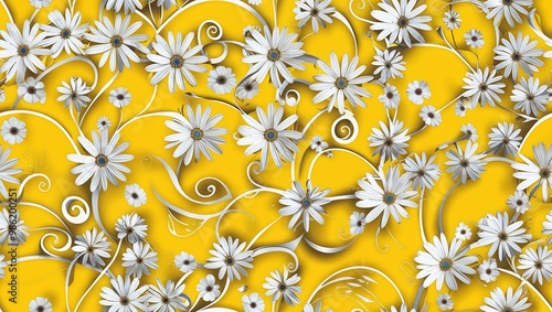 Yellow daisy petals swirl lines seamless plain white background design