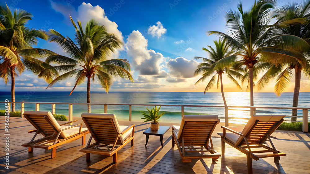 Fototapeta premium Seaside hotel overlooking the ocean with palm trees and beach chairs, seaside, hotel, ocean, palm trees, beach chairs