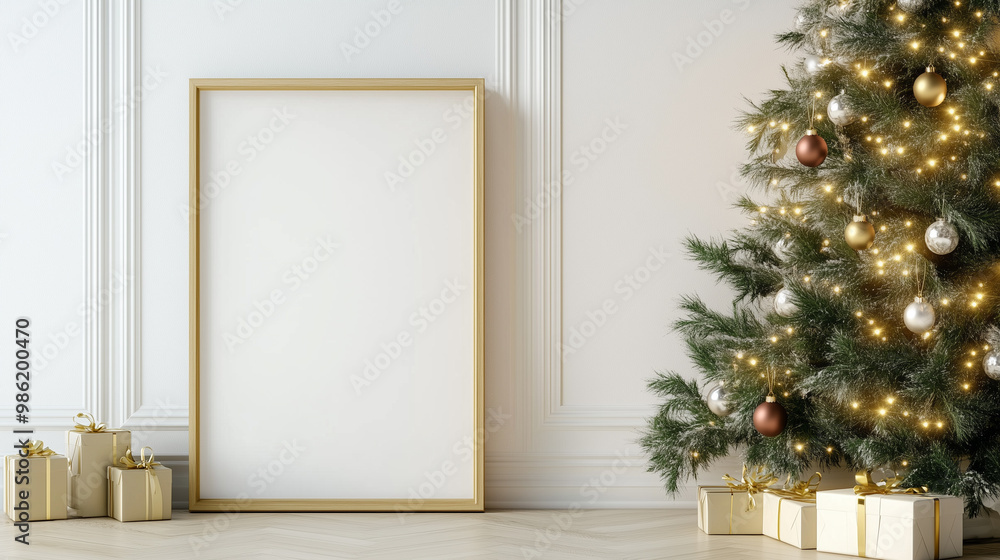 Luxury Minimalist Empty Frame Mockup Standing Next to a Beautiful Christmas Tree with Gifts for Holiday Design Showcase Luxury Minimalist Empty Frame Mockup Standing Next to a Beautiful Christmas Tree with Gifts for Holiday Design Showcase