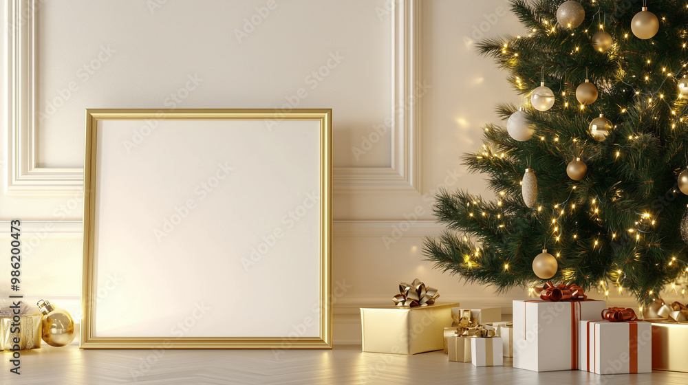 Luxury Minimalist Empty Frame Mockup Standing Next to a Beautiful Christmas Tree with Gifts for Holiday Design Showcase Luxury Minimalist Empty Frame Mockup Standing Next to a Beautiful Christmas Tree with Gifts for Holiday Design Showcase