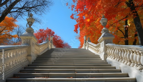 elegant grand staircase adorned with ornate balustrades surrounded by lush foliage under a radiant blue sky photo