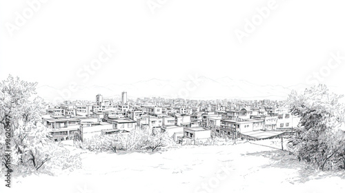 Dire Dawa, Ethiopia, black and white pen pencil hand-drawn effect drawing illustration for travel poster, card, wallpaper, backdrop or banner. Modern, clear, artistic and simple photo