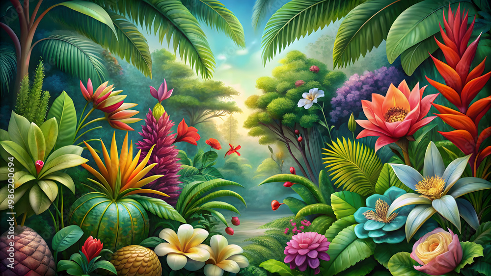 Highly detailed botanical of exotic plants and flowers with a vibrant nature background, botanical,exotic, plants Highly detailed botanical of exotic plants and flowers with a vibrant nature background, botanical,exotic, plants