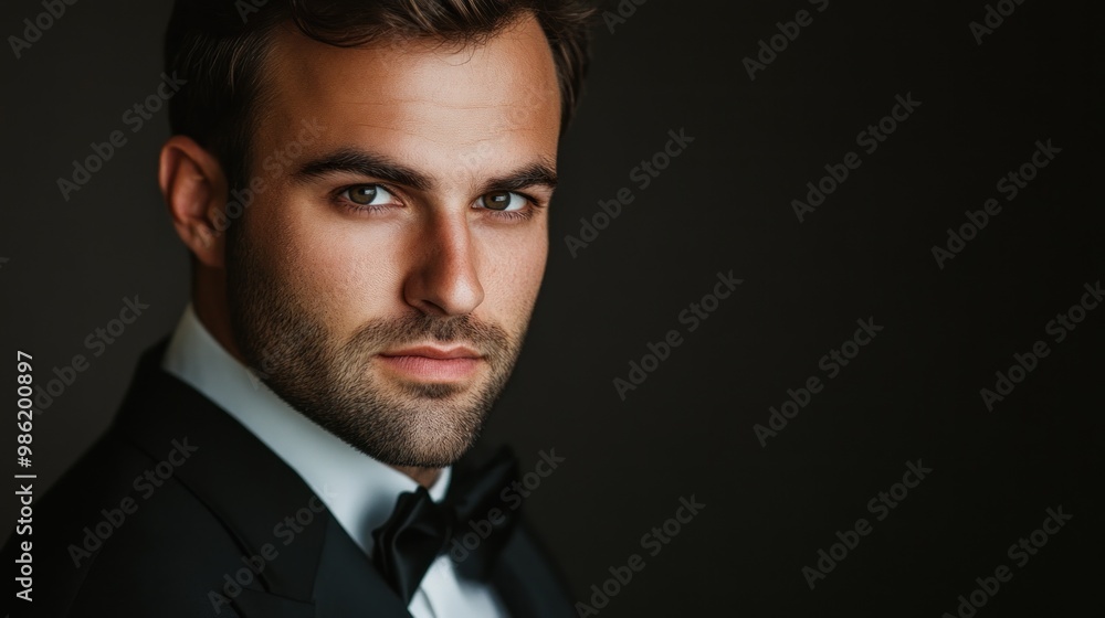 Close-up portrait of a man in a tuxedo, looking directly at the camera with a serious expression. Close-up portrait of a man in a tuxedo, looking directly at the camera with a serious expression.
