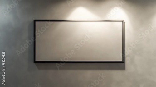 A sleek, thin rectangular frame hung on a pale grey wall, with soft lighting from above creating a shadow gradient on the wall.