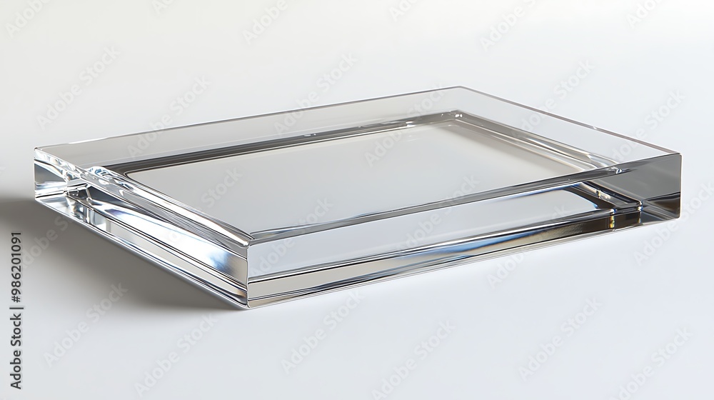 A clear glass rectangular tray rests on a white background, sleek and minimalist. A clear glass rectangular tray rests on a white background, sleek and minimalist.