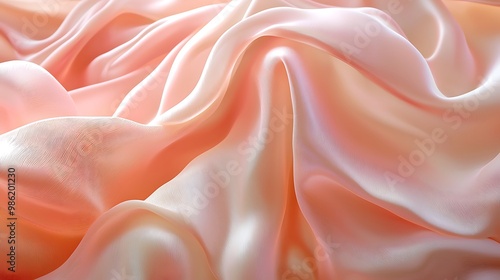 Peach satin fabric drapes in smooth, flowing waves, creating an elegant, luxurious abstract backdrop.