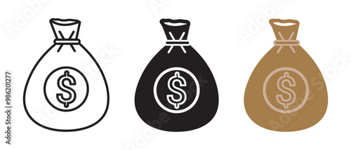 Money bag icon set with dollar sign. Money bag vector, icon, silhouette, symbol. Money dollar sack icon vector symbol. Vector illustration.