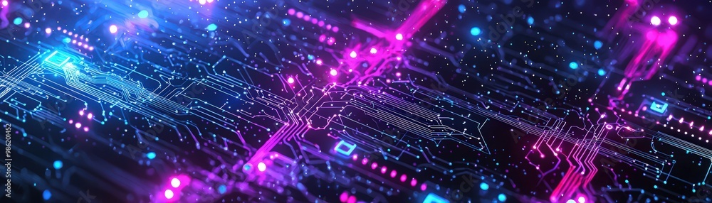 Obraz premium AI managing cloud-based pipelines with glowing circuit paths connecting servers, visualized as an abstract digital landscape, Cyberpunk, Neon purple and blue, High-tech