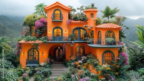 whimsical miniature villa toylike proportions vibrant colors exaggerated details playful architectural style lush miniature landscaping dreamlike setting photo