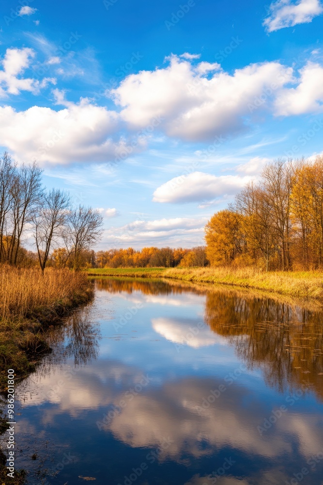 Autumn colors reflect in calm water under a vibrant blue sky in a tranquil landscape Autumn colors reflect in calm water under a vibrant blue sky in a tranquil landscape