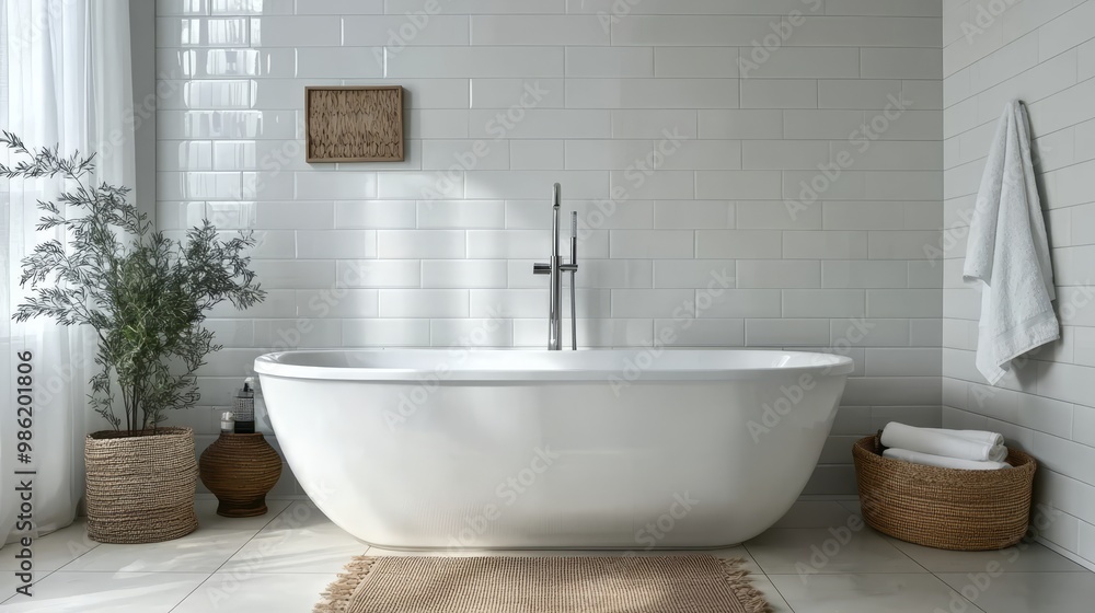 A serene minimalist bathroom featuring a freestanding tub, sleek white tiles, and tasteful wall decor creates a tranquil space for relaxation A serene minimalist bathroom featuring a freestanding tub, sleek white tiles, and tasteful wall decor creates a tranquil space for relaxation