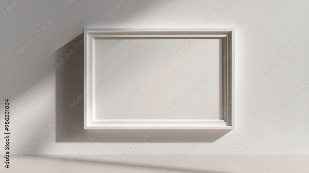 A thin white frame on a light grey wall, with gentle side lighting that creates subtle, sharp-edged shadows across the frame. A thin white frame on a light grey wall, with gentle side lighting that creates subtle, sharp-edged shadows across the frame.