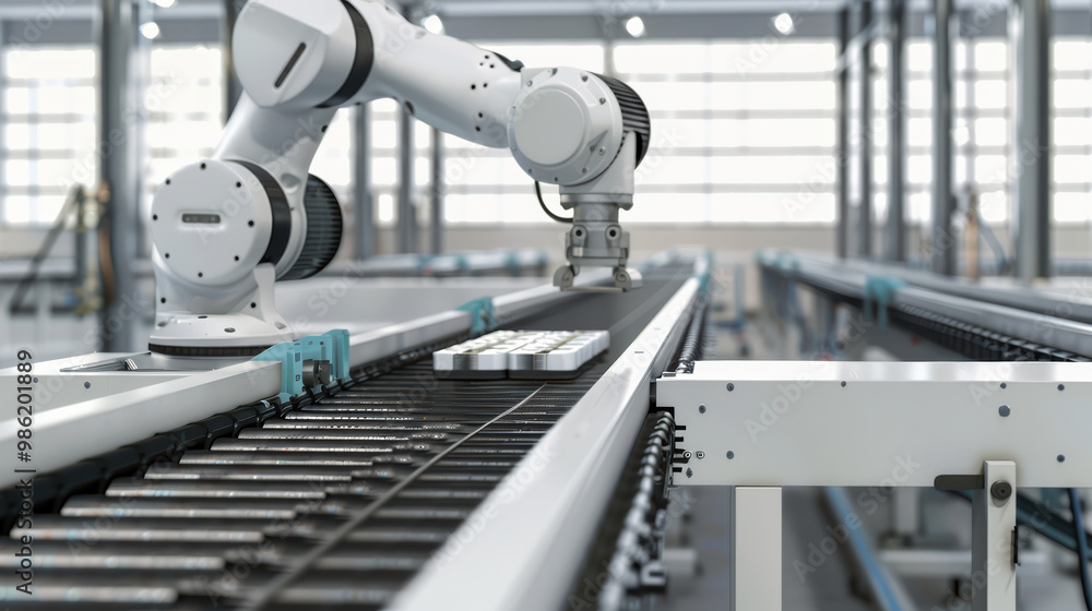 Automated robotic arm working on conveyor belt in modern industrial setting, showcasing advanced technology and efficiency in manufacturing processes Automated robotic arm working on conveyor belt in modern industrial setting, showcasing advanced technology and efficiency in manufacturing processes