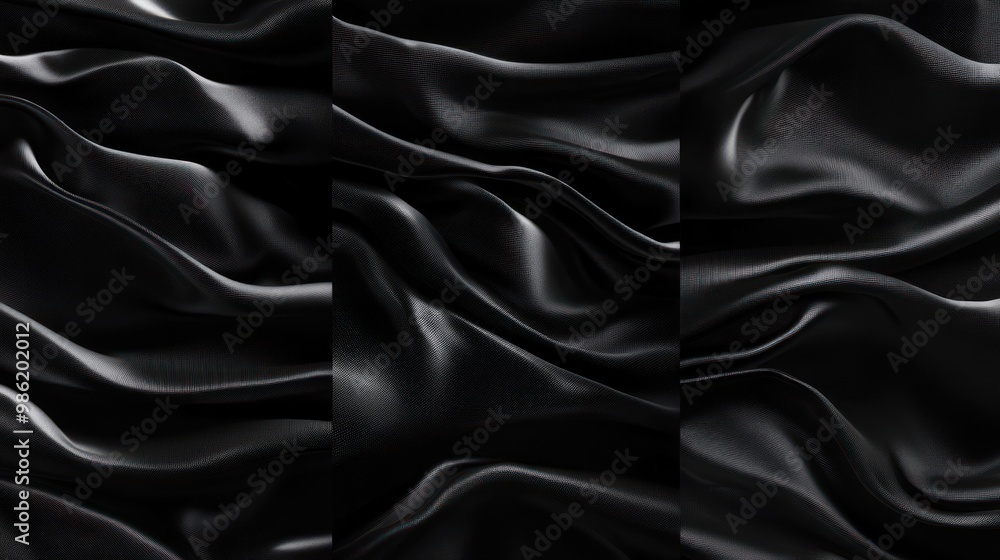Fototapeta premium Abstract black fabric with texture in folds and waves.