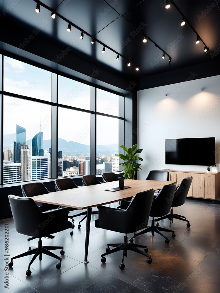 cinematic photo Office meeting interior with board and armchairs, panoramic window. Mockup wall. cinematic photo Office meeting interior with board and armchairs, panoramic window. Mockup wall.