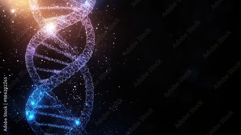 A DNA strand is shown in a black background with a blue and purple color. The strand is shown in a spiral shape A DNA strand is shown in a black background with a blue and purple color. The strand is shown in a spiral shape