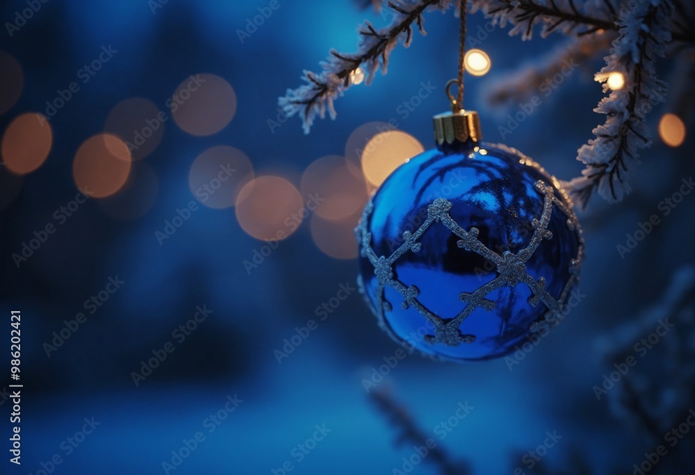 Macro of Blue Festive Christmas Ornament in Evening Glow Macro of Blue Festive Christmas Ornament in Evening Glow