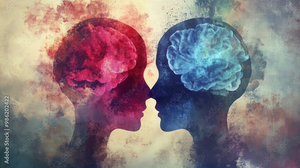 Two abstract human profiles facing each other, with colorful brains, in a grunge style. Two abstract human profiles facing each other, with colorful brains, in a grunge style.