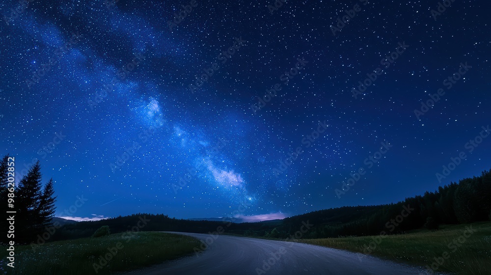 A road with a long line of trees in the background. The sky is dark and the stars are shining brightly A road with a long line of trees in the background. The sky is dark and the stars are shining brightly
