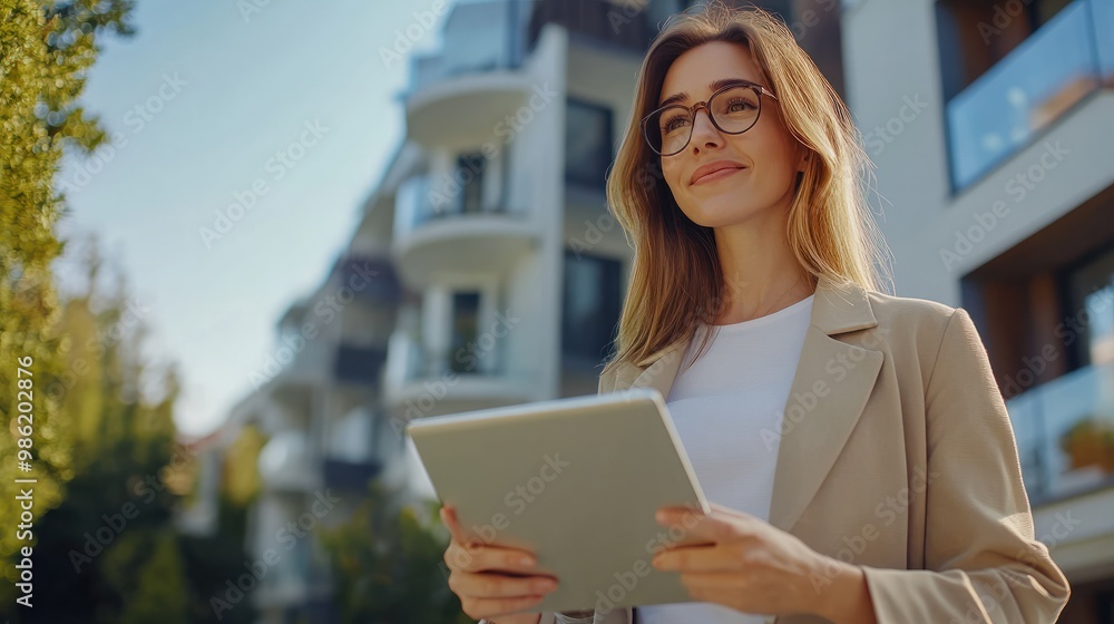 Friendly female real estate agent with tablet visiting apartment for sale or rent Friendly female real estate agent with tablet visiting apartment for sale or rent