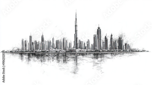 Dubai, UAE, black and white pen pencil hand-drawn effect drawing illustration for travel poster, card, wallpaper, backdrop or banner. Modern, clear, artistic and simple