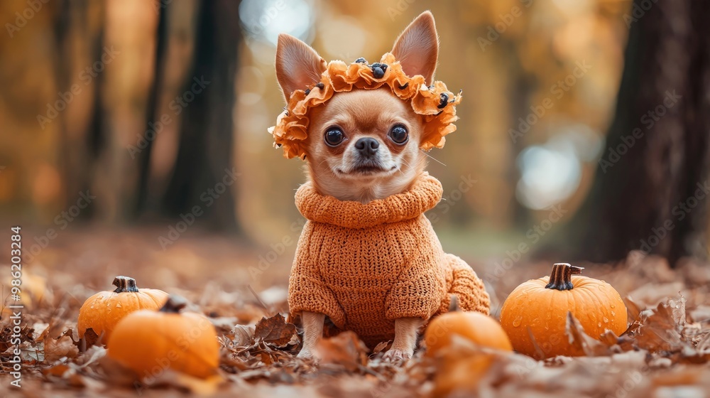 A cute Chihuahua wearing a cozy orange sweater and a floral crown poses among pumpkins in a colorful autumn setting. A cute Chihuahua wearing a cozy orange sweater and a floral crown poses among pumpkins in a colorful autumn setting.