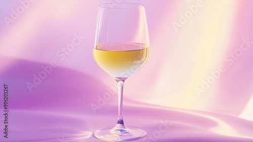 Glass of white wine set on a pastel lavender background, minimalist design with light reflections.