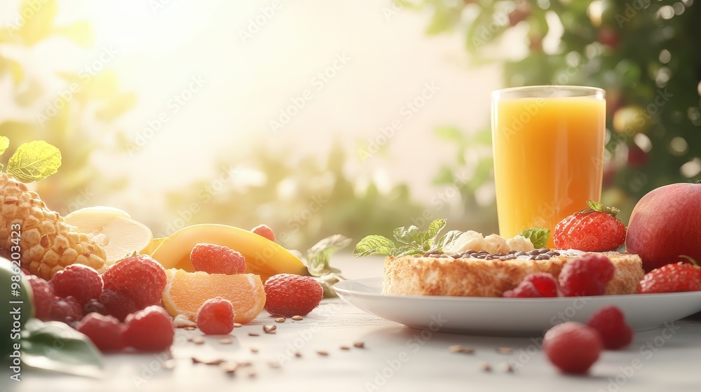 Start Your Day Right: A Colorful Spread of Nutritious Fruits and Refreshing Juice for Wellness Start Your Day Right: A Colorful Spread of Nutritious Fruits and Refreshing Juice for Wellness