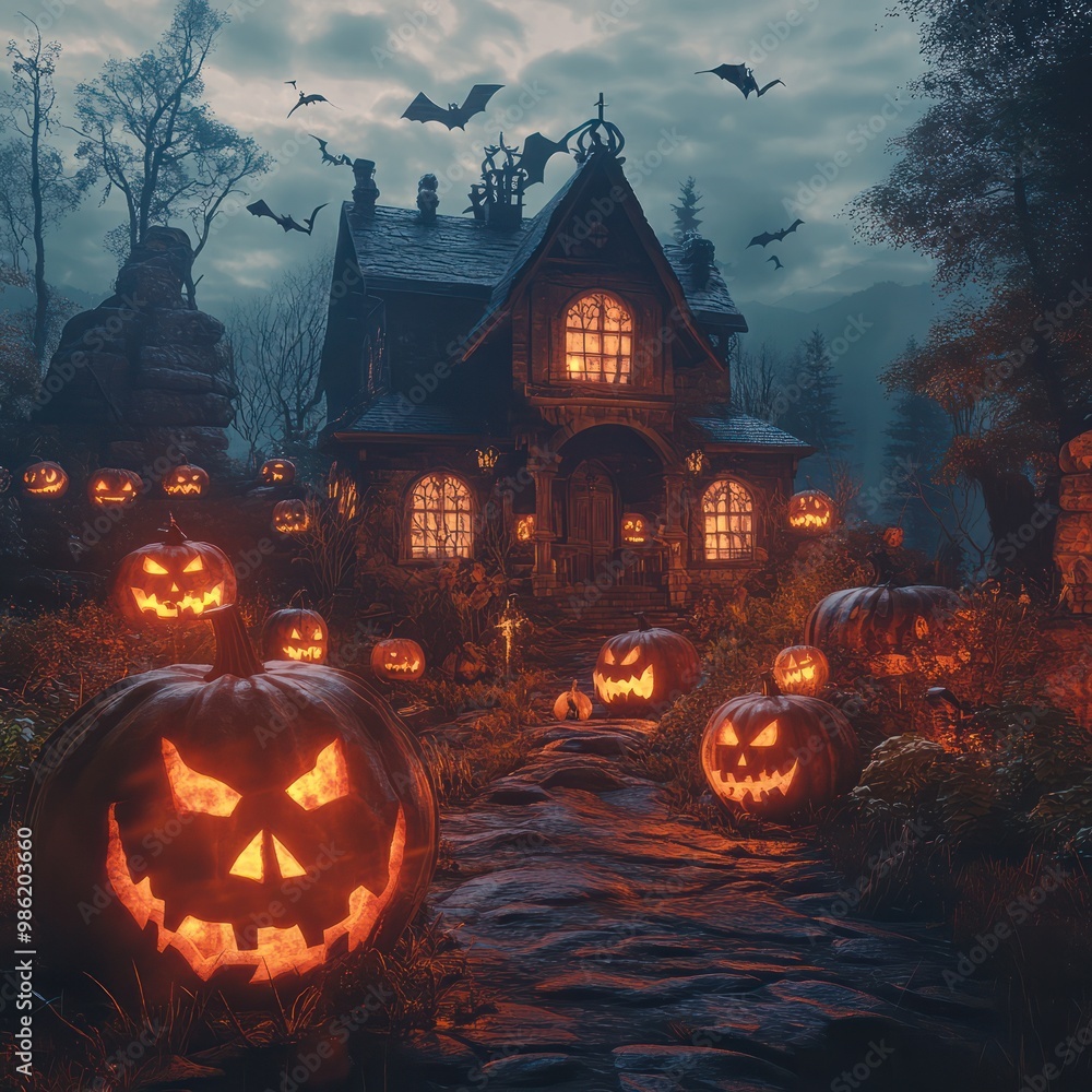 Halloween background with pumpkins and haunted house - 3D render. Halloween background with Evil Pumpkin. Spooky scary dark Night forrest. Holiday event halloween banner background concept Halloween background with pumpkins and haunted house - 3D render. Halloween background with Evil Pumpkin. Spooky scary dark Night forrest. Holiday event halloween banner background concept