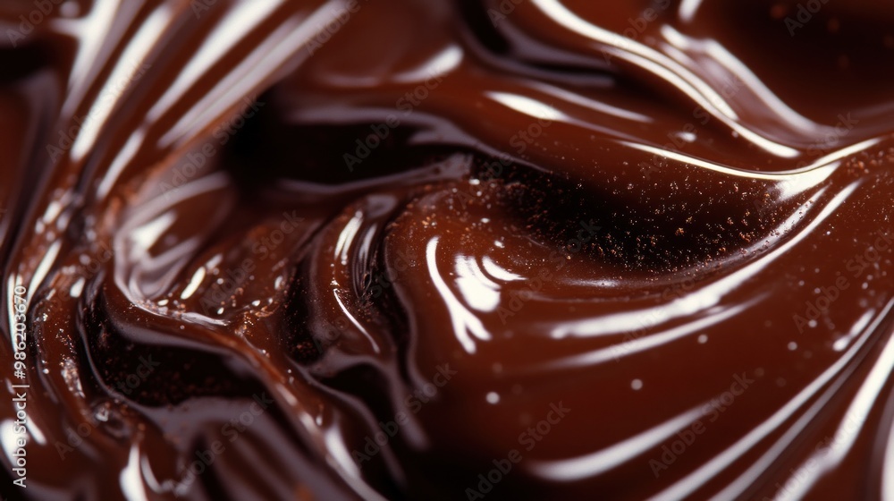 Closeup of melted dark chocolate with a glossy finish and soft waves. Closeup of melted dark chocolate with a glossy finish and soft waves.