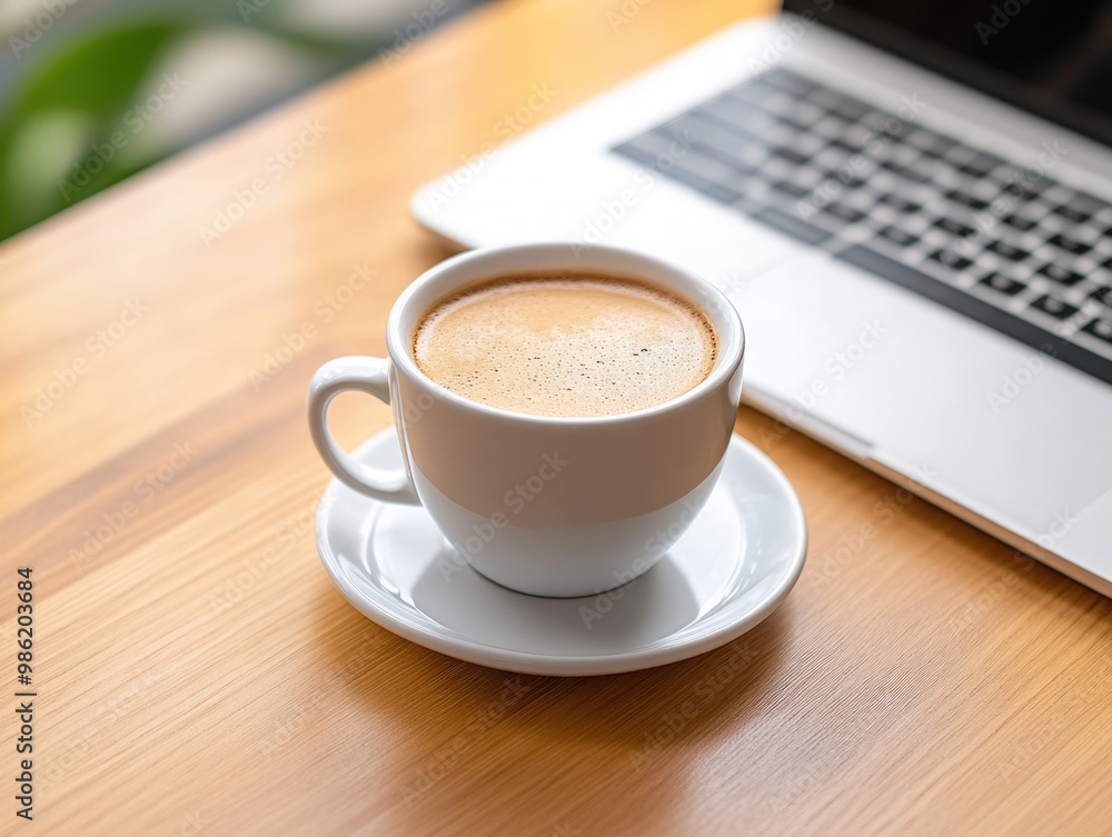 Morning coffee beside a laptop on a wooden table in a cozy café Morning coffee beside a laptop on a wooden table in a cozy café