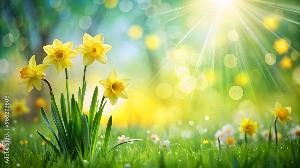 Springtime nature background with green grass field, yellow blooming daffodils, and sunshine bokeh, spring Springtime nature background with green grass field, yellow blooming daffodils, and sunshine bokeh, spring