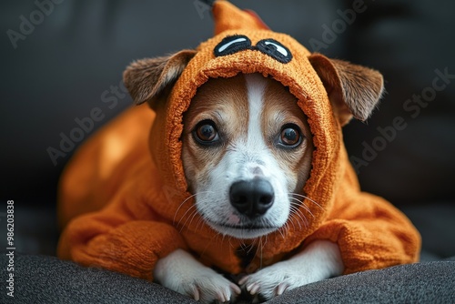 A cute dog in an orange hoodie resembling a pumpkin, lying comfortably on a couch, exuding charm and festivity. photo