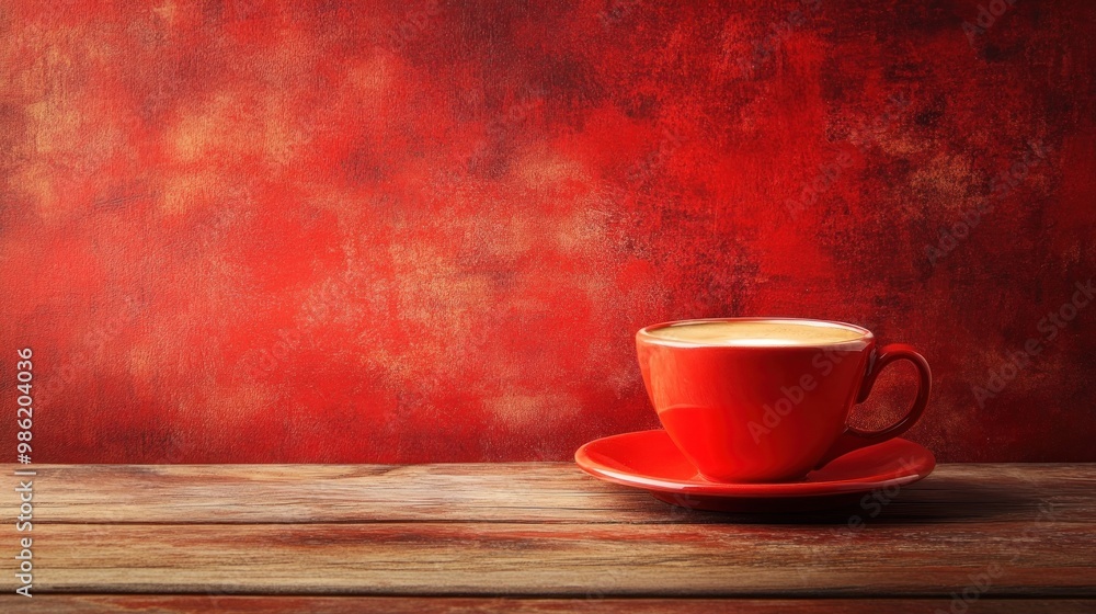 Red cup of coffee on a wooden table with a red background. Red cup of coffee on a wooden table with a red background.