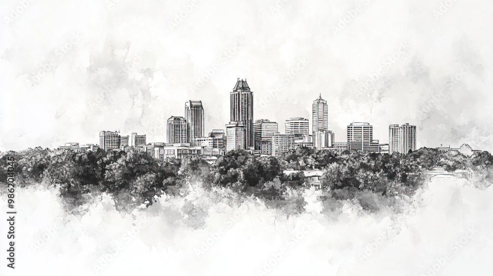 Fototapeta premium Durham, Carolina, black and white pen pencil hand-drawn effect drawing illustration for travel poster, card, wallpaper, backdrop or banner. Modern, clear, artistic and simple