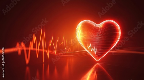 Glowing heart with heartbeat lines on a red background.