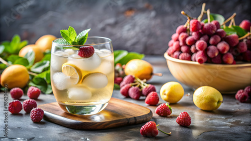 Refreshing summer drink with ice cubes made from bayberry lemon juice, served with grapes and a glass of wine, summer, drink photo