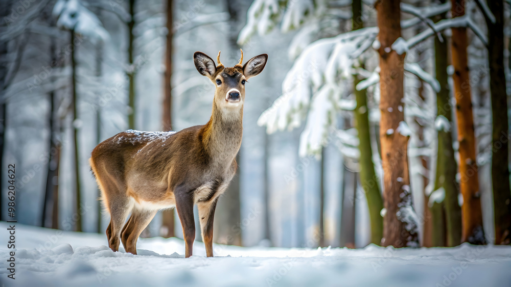Deer standing gracefully in a snow-covered forest, Deer, wildlife, nature, forest, winter, snow, cold, peaceful, serene Deer standing gracefully in a snow-covered forest, Deer, wildlife, nature, forest, winter, snow, cold, peaceful, serene
