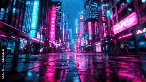 A neon cityscape with neon signs and a wet street. The neon lights create a mood of excitement and energy