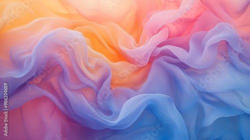 Abstract waves of pink, yellow, and blue fabric create a dynamic and textured background.