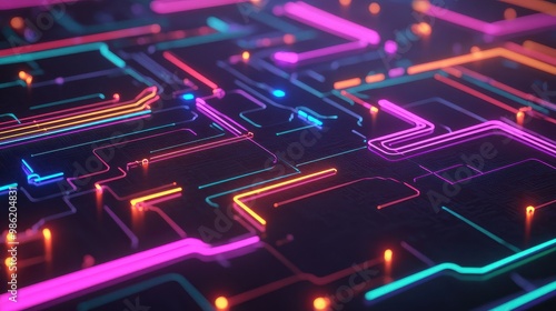 A colorful computer circuit board with neon lights. The board is made up of many different colored lines and shapes. The colors are bright and vibrant photo