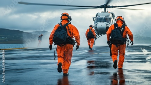 Wallpaper Mural Three men in orange jumpsuits walk towards a helicopter on a wet tarmac. Torontodigital.ca
