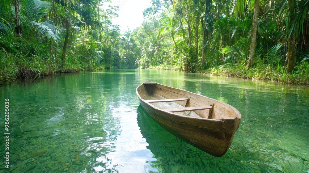 Serene River Scene with Canoe in Tropical Landscape Serene River Scene with Canoe in Tropical Landscape