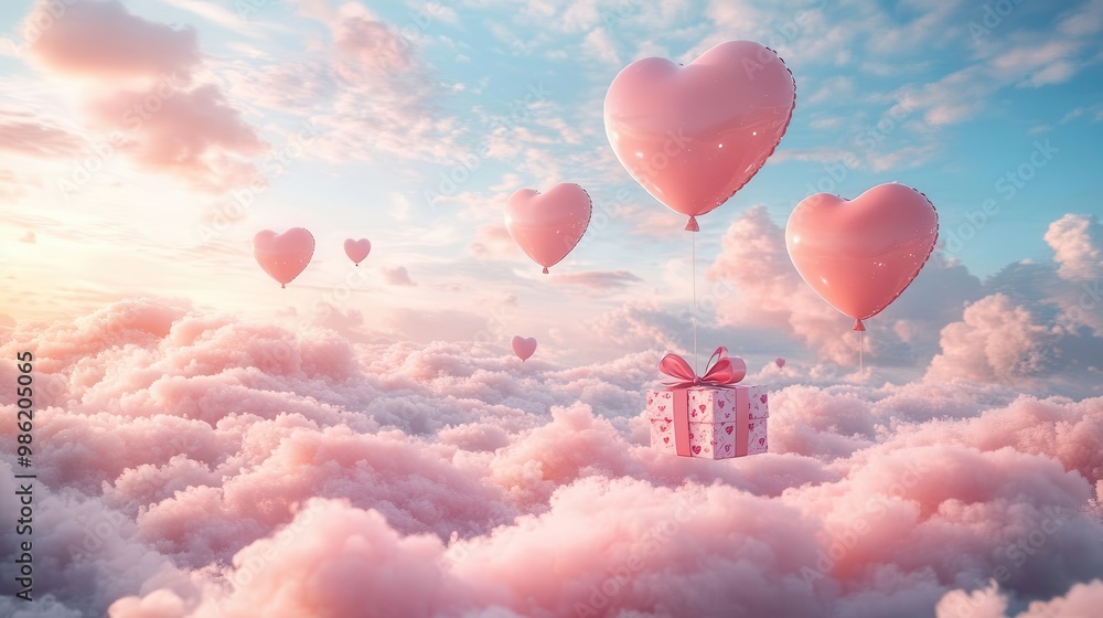 Fototapeta premium whimsical valentines scene heartshaped balloons and gift boxes floating in cotton candy pink sky conveying love and celebration for mothers day