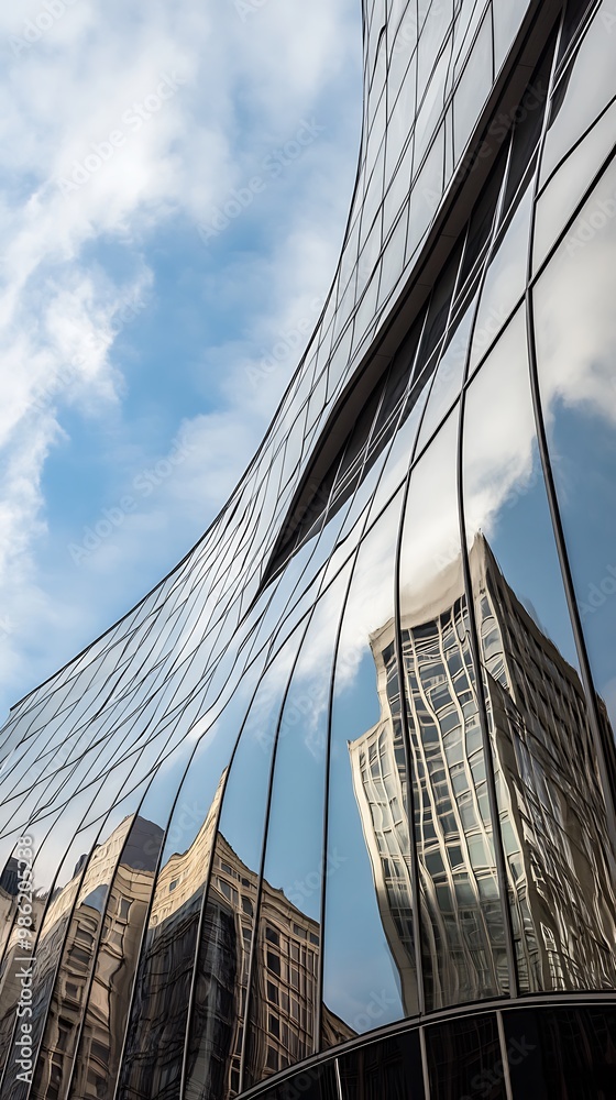 Fototapeta premium Modern Glass Facade Reflecting Sky and Buildings
