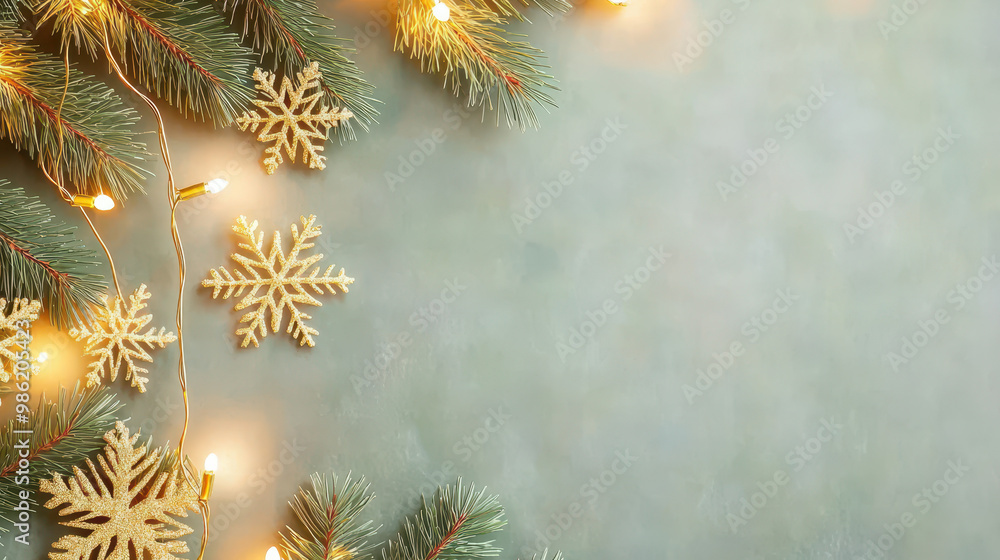 Festive arrangement of Christmas pine branches, shimmering gold snowflakes, and warm string lights on a soft textured background