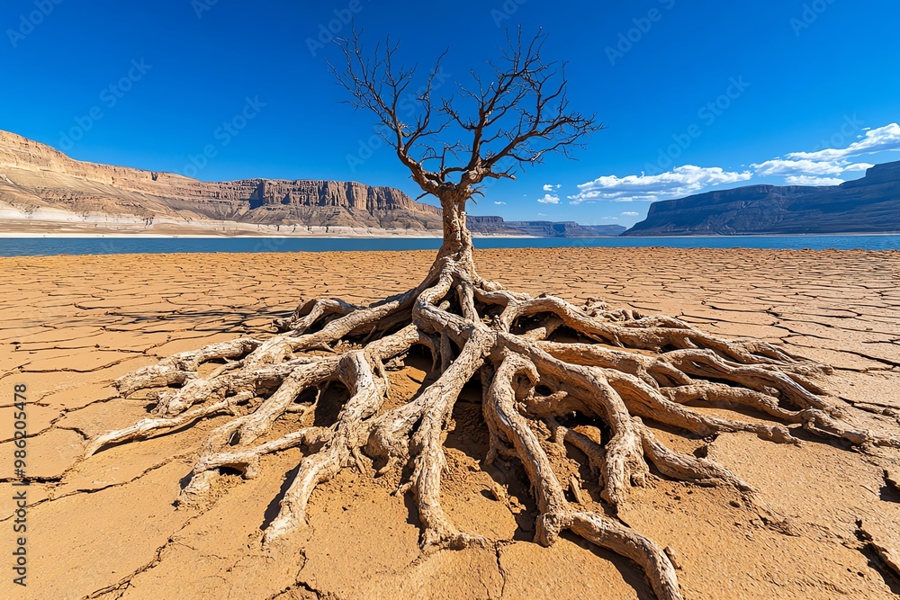 Fototapeta premium A close-up of a barren treeâ€™s roots, exposed and twisted, showing the harshness of its environment