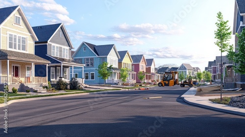 A row of colorful houses on a quiet street with a forklift in the foreground.